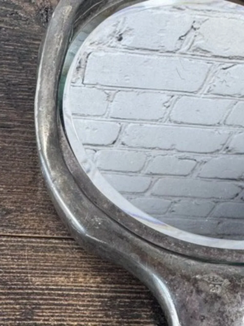 Vintage Handheld Vanity Mirror Floral Etched Metal Frame Tarnished Silver